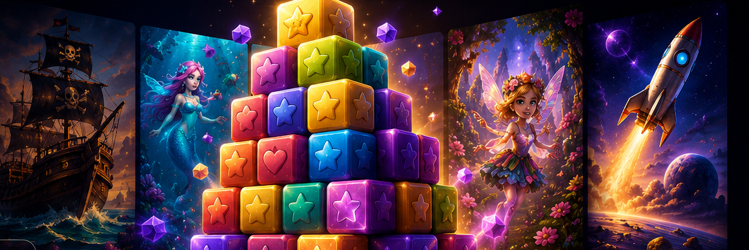 A glowing pyramid of collectible Cuboz cubes surrounded by panels of the Mermaid, Fairy and Galaxy worlds